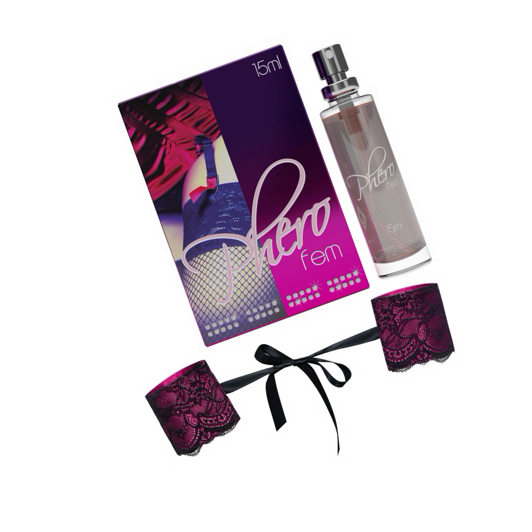Pachet Parfum Feromoni PheroFem 15ml + Cătușe Obsessive Roseberry Mov Roz